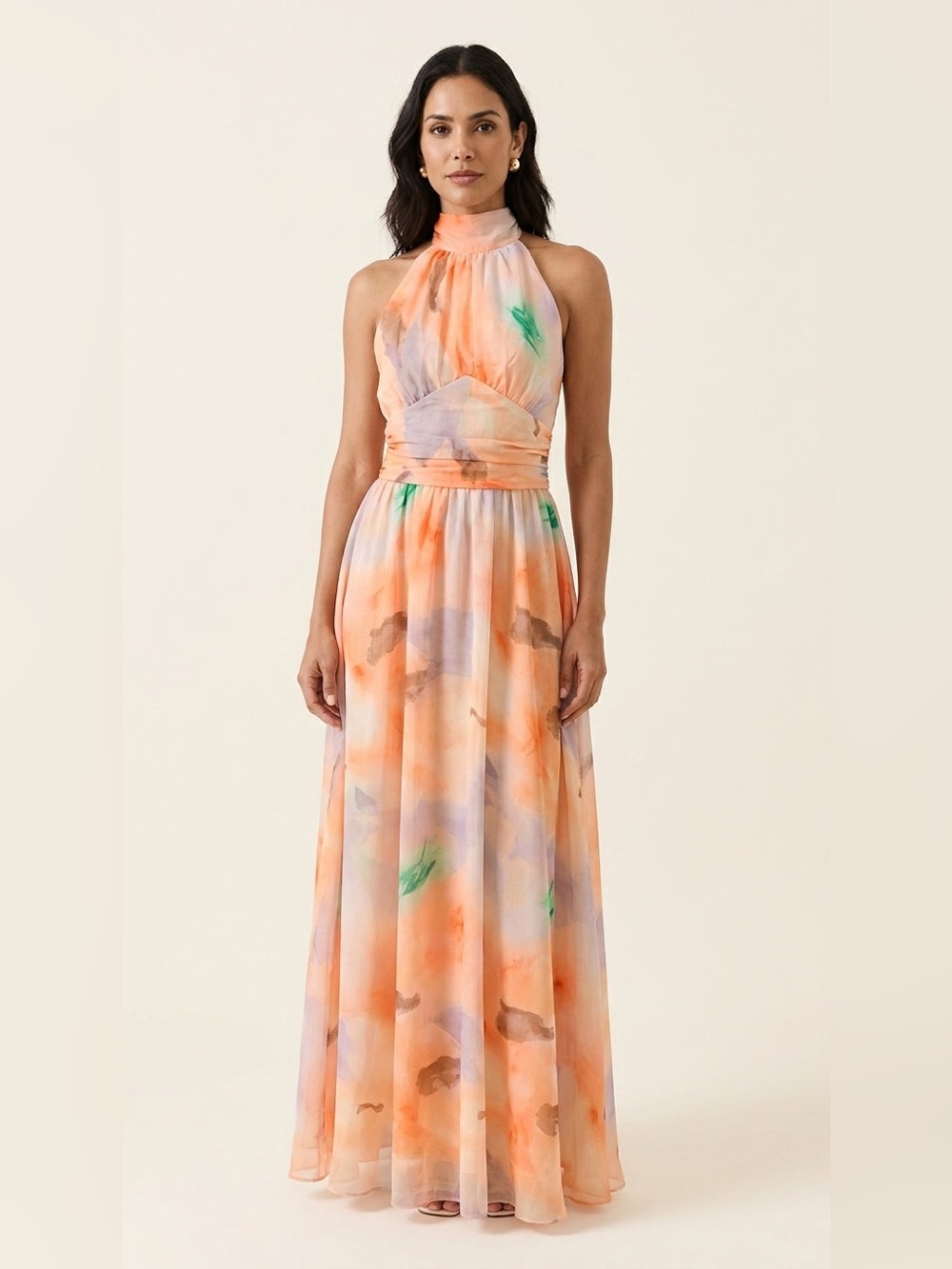 Halter Neck Watercolor Maxi Dress in Peach